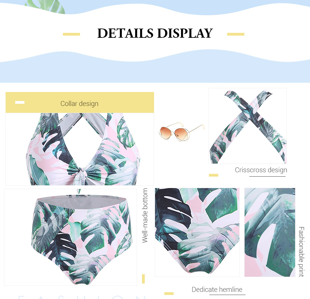 Front Knot Criss Cross Leaves Print Bikini Set