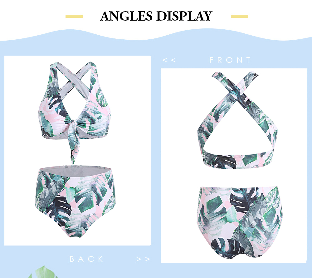 Front Knot Criss Cross Leaves Print Bikini Set