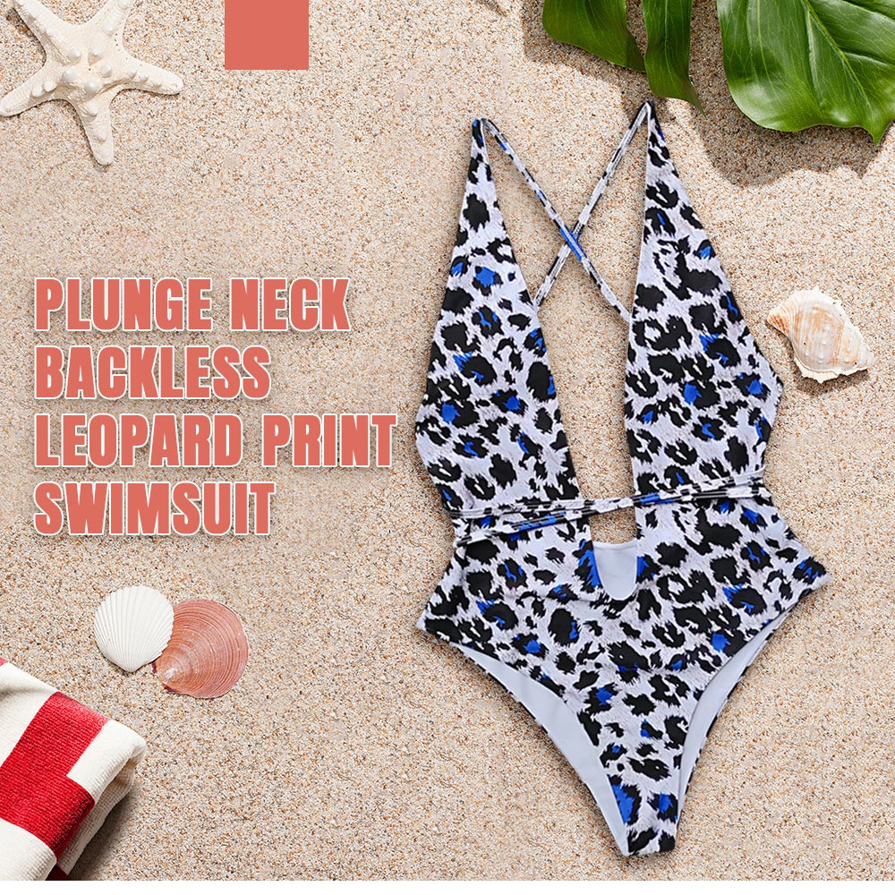 Plunge Neck Backless Padded Criss-cross Strap Leopard Print Women Swimsuit