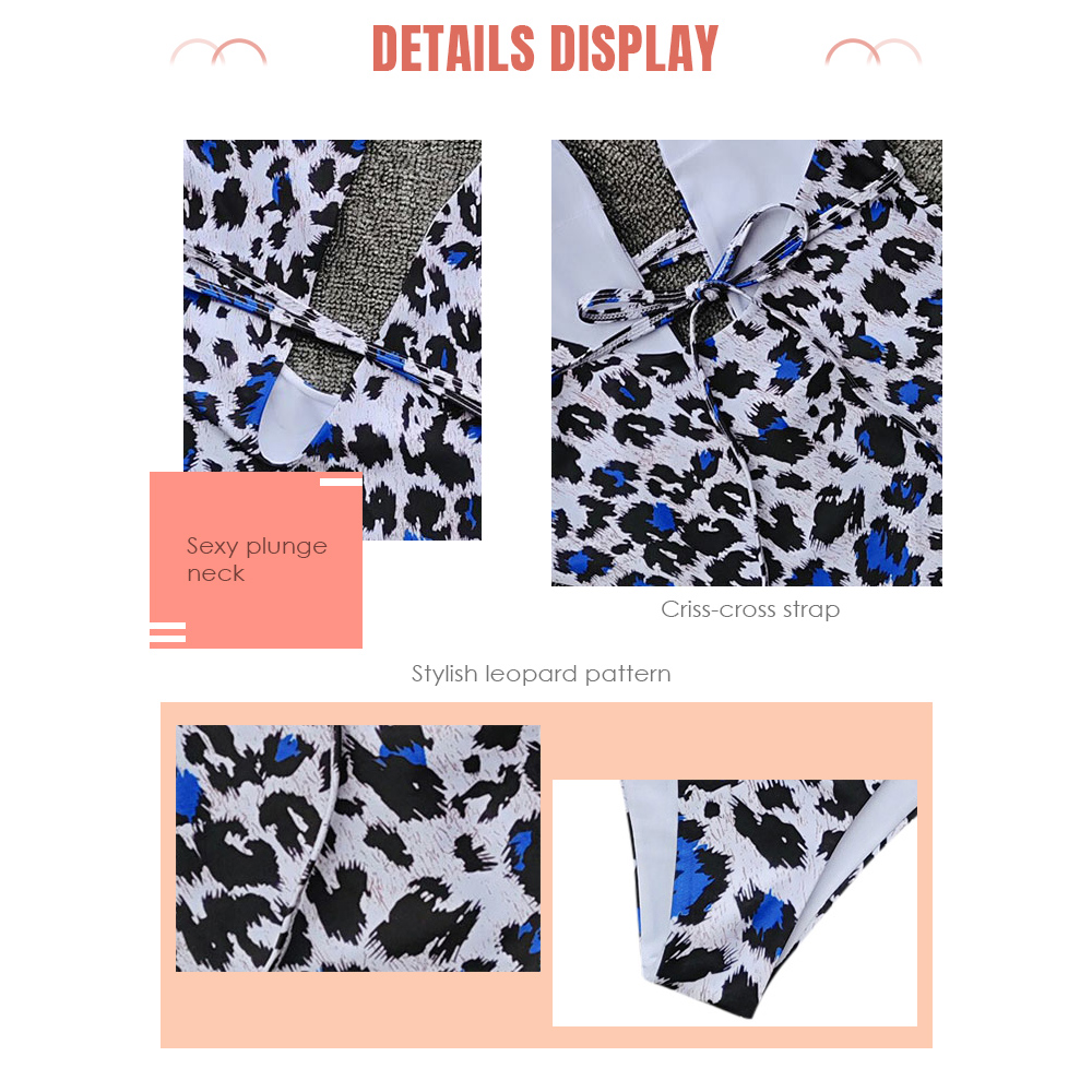 Plunge Neck Backless Padded Criss-cross Strap Leopard Print Women Swimsuit