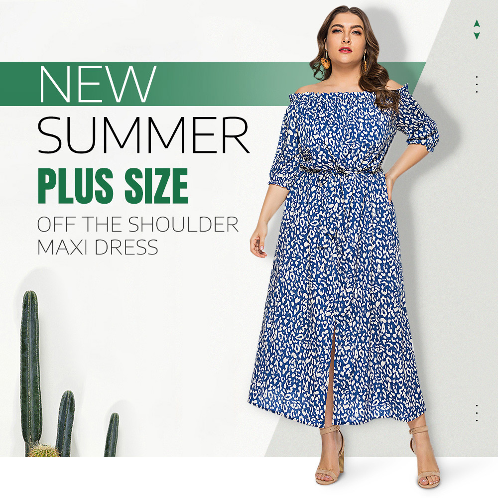 Plus Size Off The Shoulder 3/4 Sleeve Leopard Print Belted Slit Women Maxi Dress