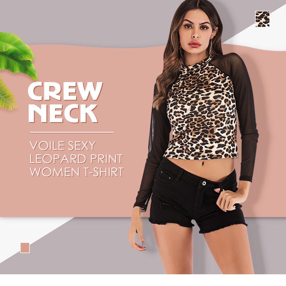 Crew Neck Voile Long Sleeve Sexy Leopard Print Women T-shirt