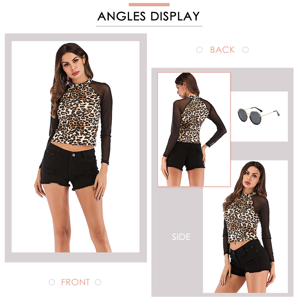 Crew Neck Voile Long Sleeve Sexy Leopard Print Women T-shirt