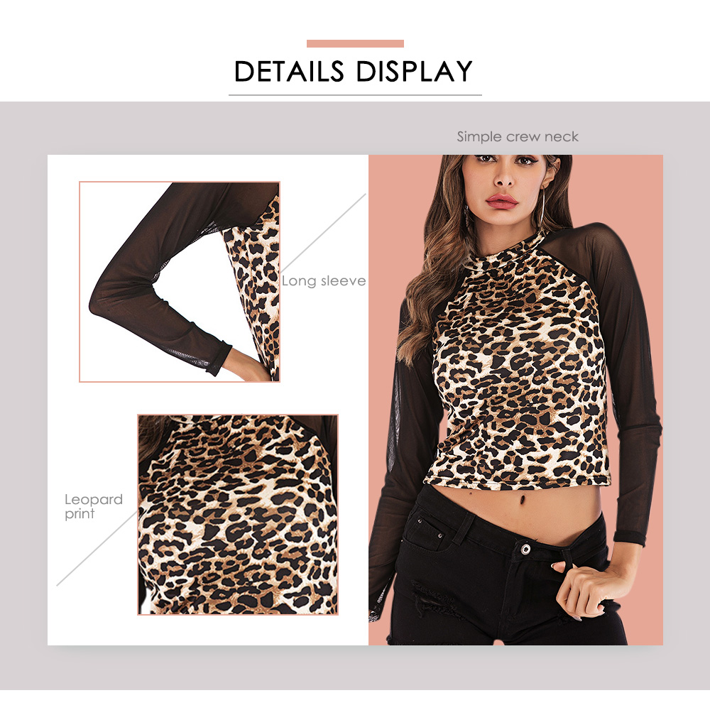 Crew Neck Voile Long Sleeve Sexy Leopard Print Women T-shirt