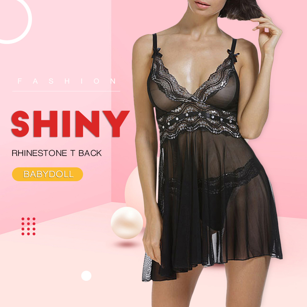 Shiny Rhinestone T Back Babydoll