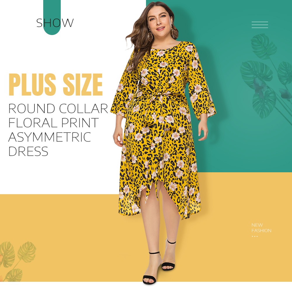 Plus Size Round Collar 3/4 Sleeve Floral Leopard Print Belted Asymmetric Women Dress