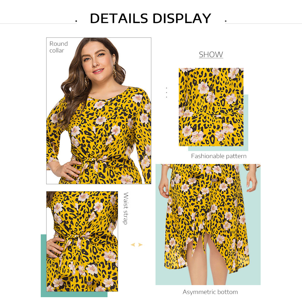 Plus Size Round Collar 3/4 Sleeve Floral Leopard Print Belted Asymmetric Women Dress