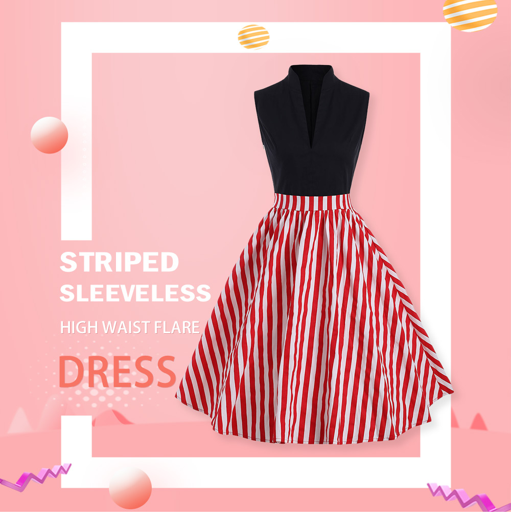 Vintage Stand Collar Striped Dress