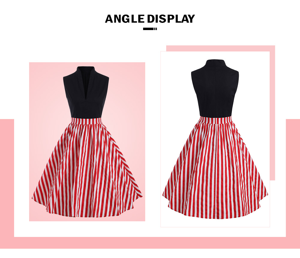 Vintage Stand Collar Striped Dress