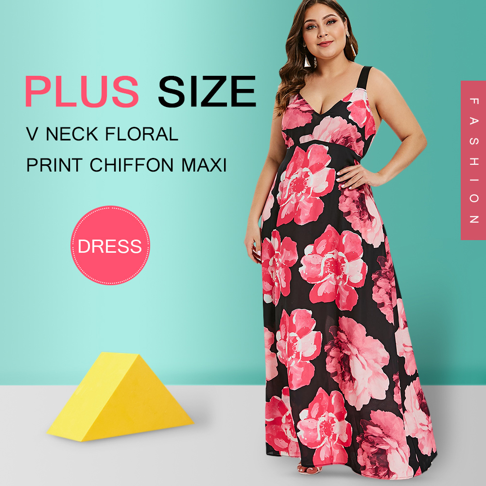 Plus Size V Neck Floral Print Chiffon Maxi Dress