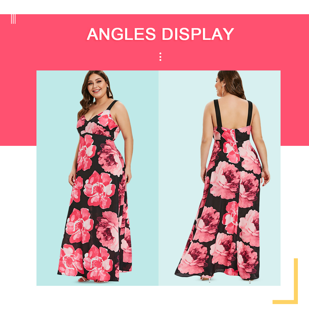 Plus Size V Neck Floral Print Chiffon Maxi Dress