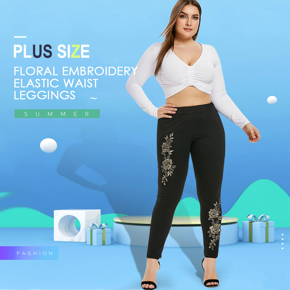 Plus Size Floral Embroidery Elastic Waist Leggings