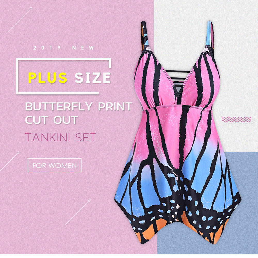 Plus Size Butterfly Print Cut Out Tankini Set