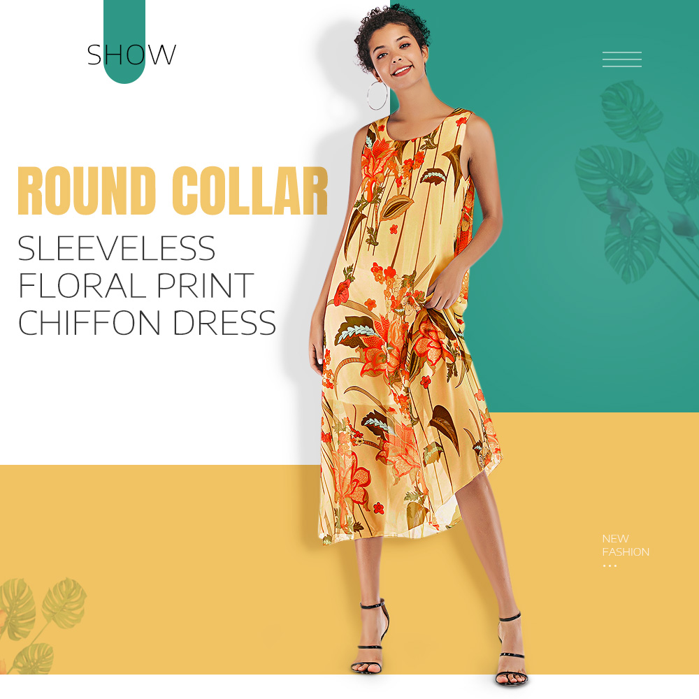 Round Collar Sleeveless Floral Print Women Chiffon Midi Dress