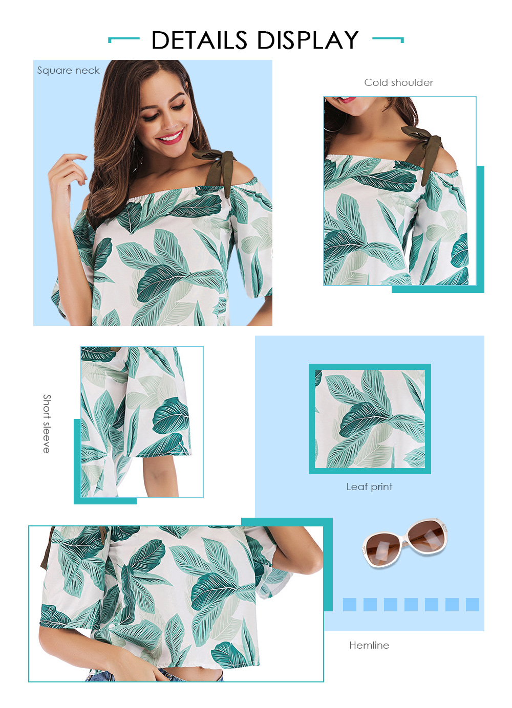 Square Neck Cold Shoulder Short Sleeve Leaf Print T-shirt Women Chiffon Blouse