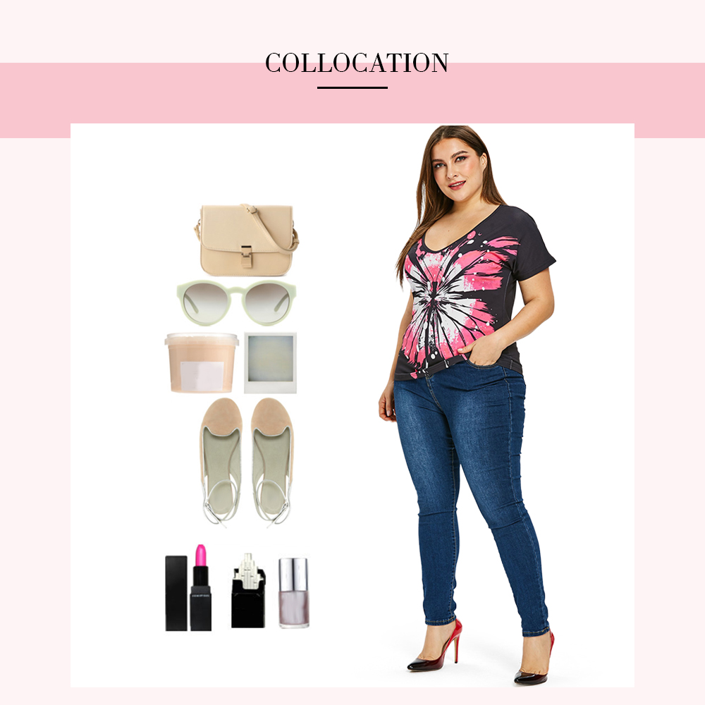 Plus Size V Neck Butterfly Print T Shirt