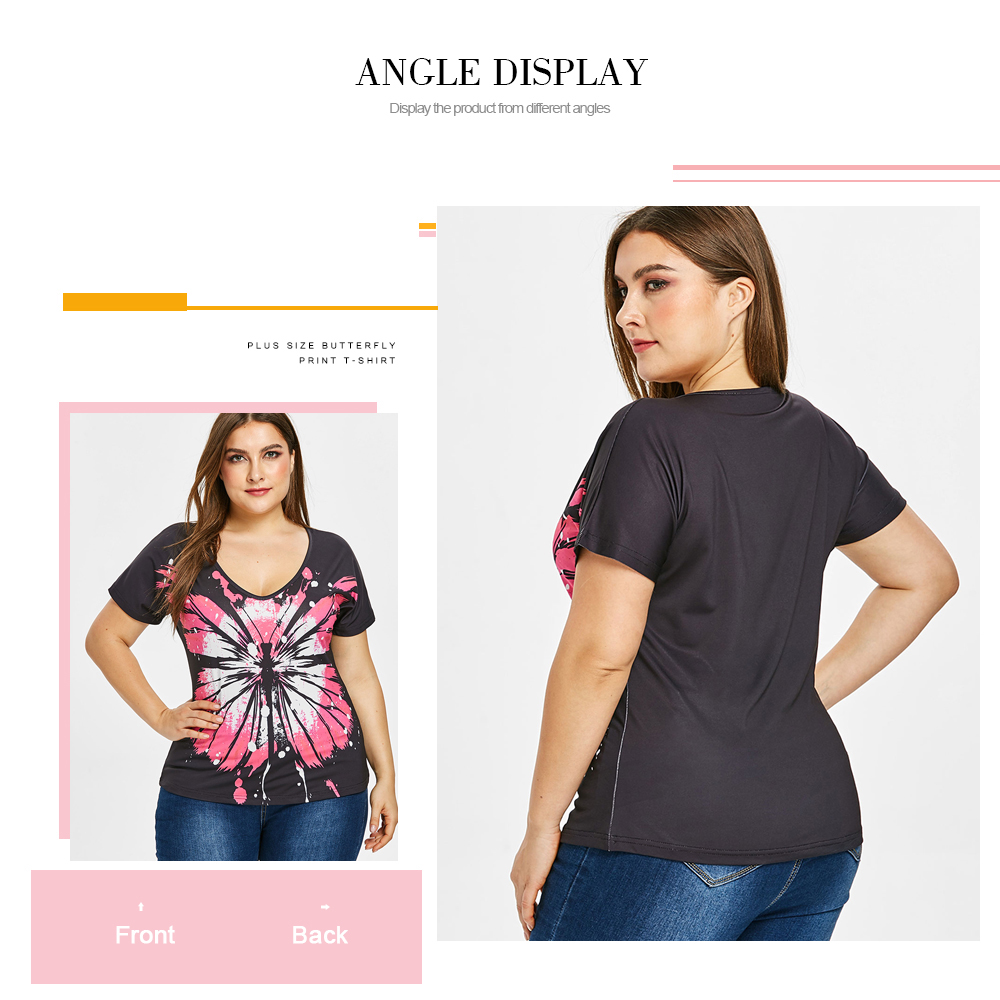 Plus Size V Neck Butterfly Print T Shirt