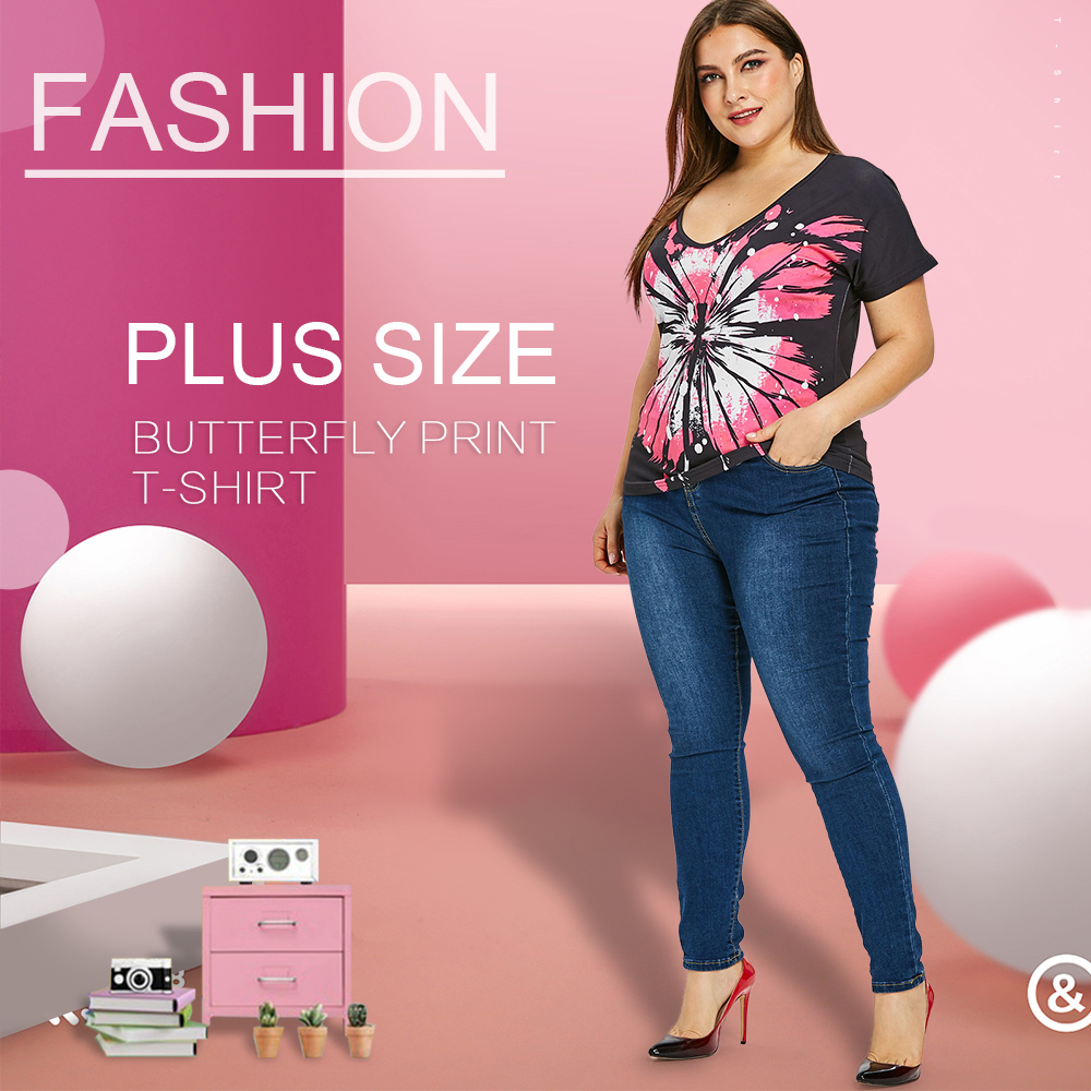 Plus Size V Neck Butterfly Print T Shirt