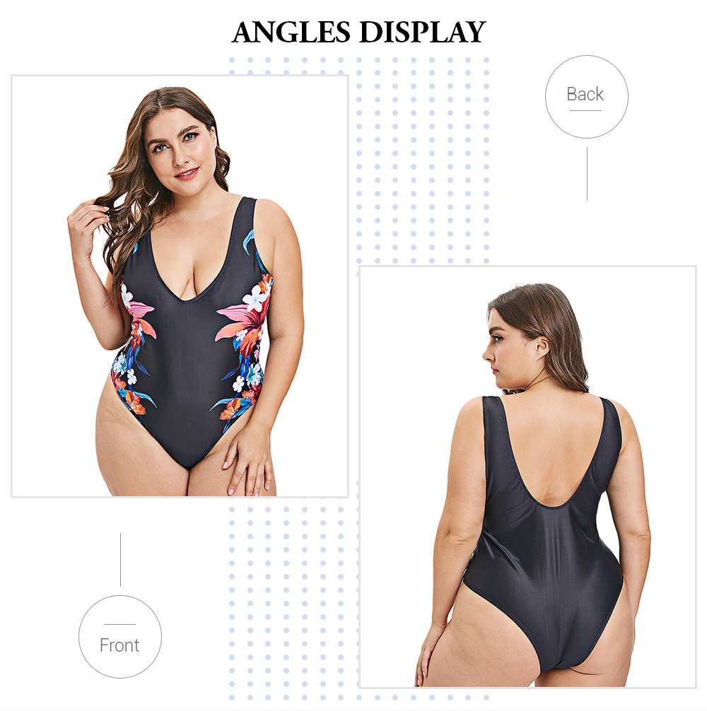 Plus Size Floral Print Plunge Swimwear