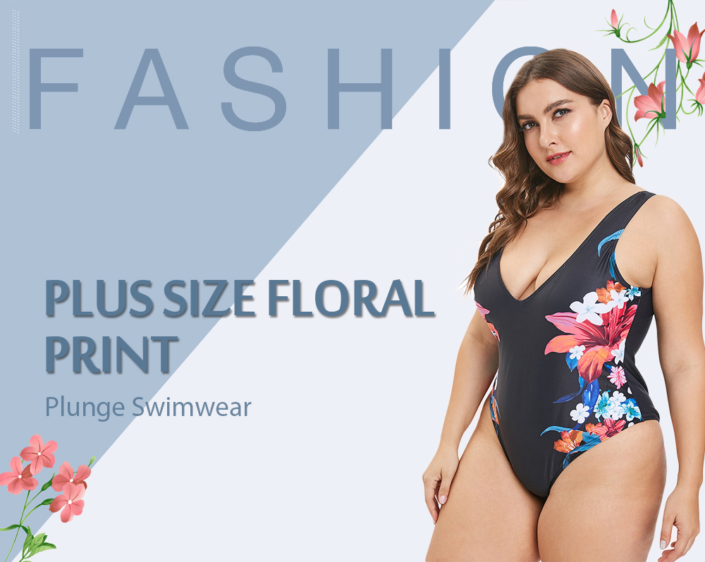 Plus Size Floral Print Plunge Swimwear