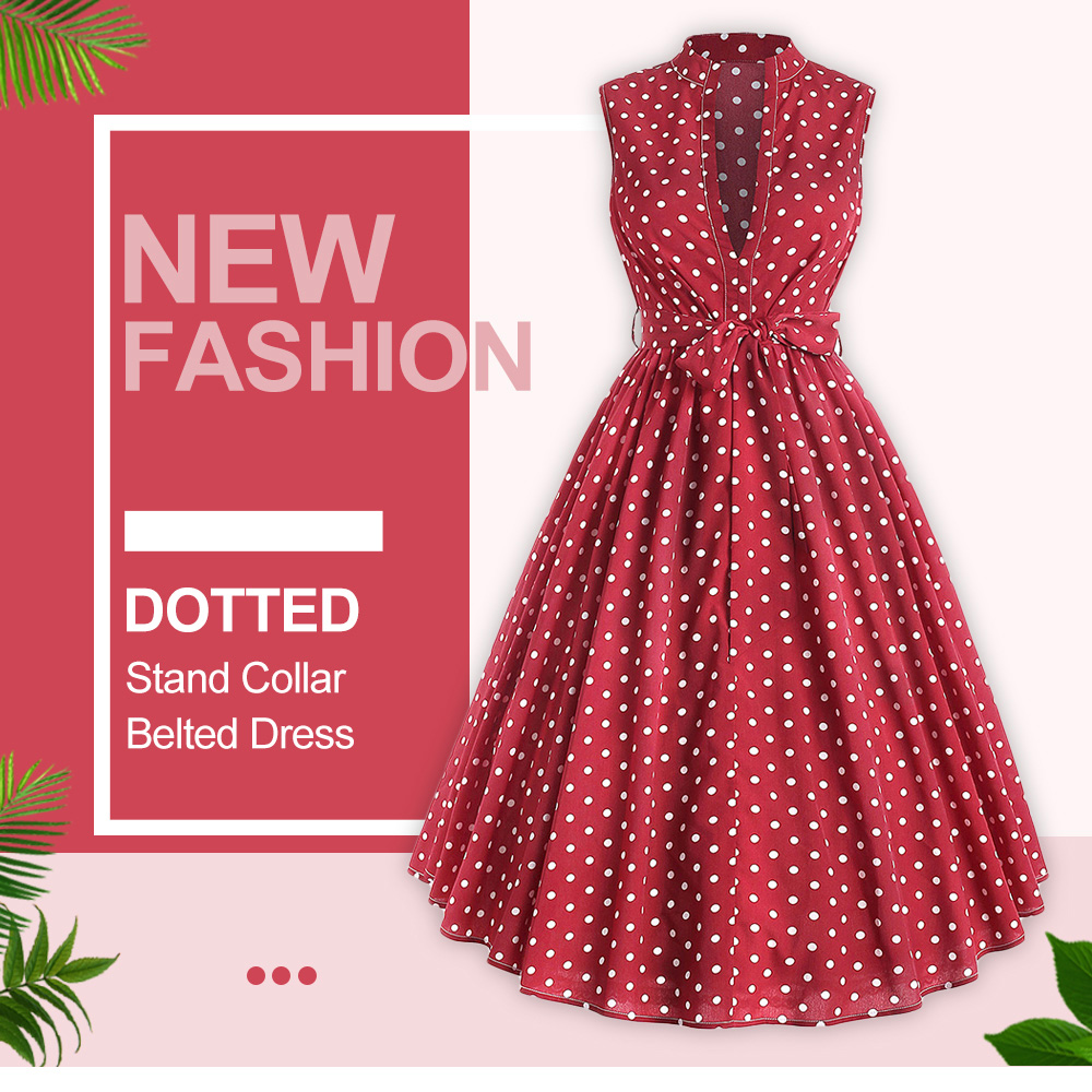 Polka Dot Stand Collar Belted Dress