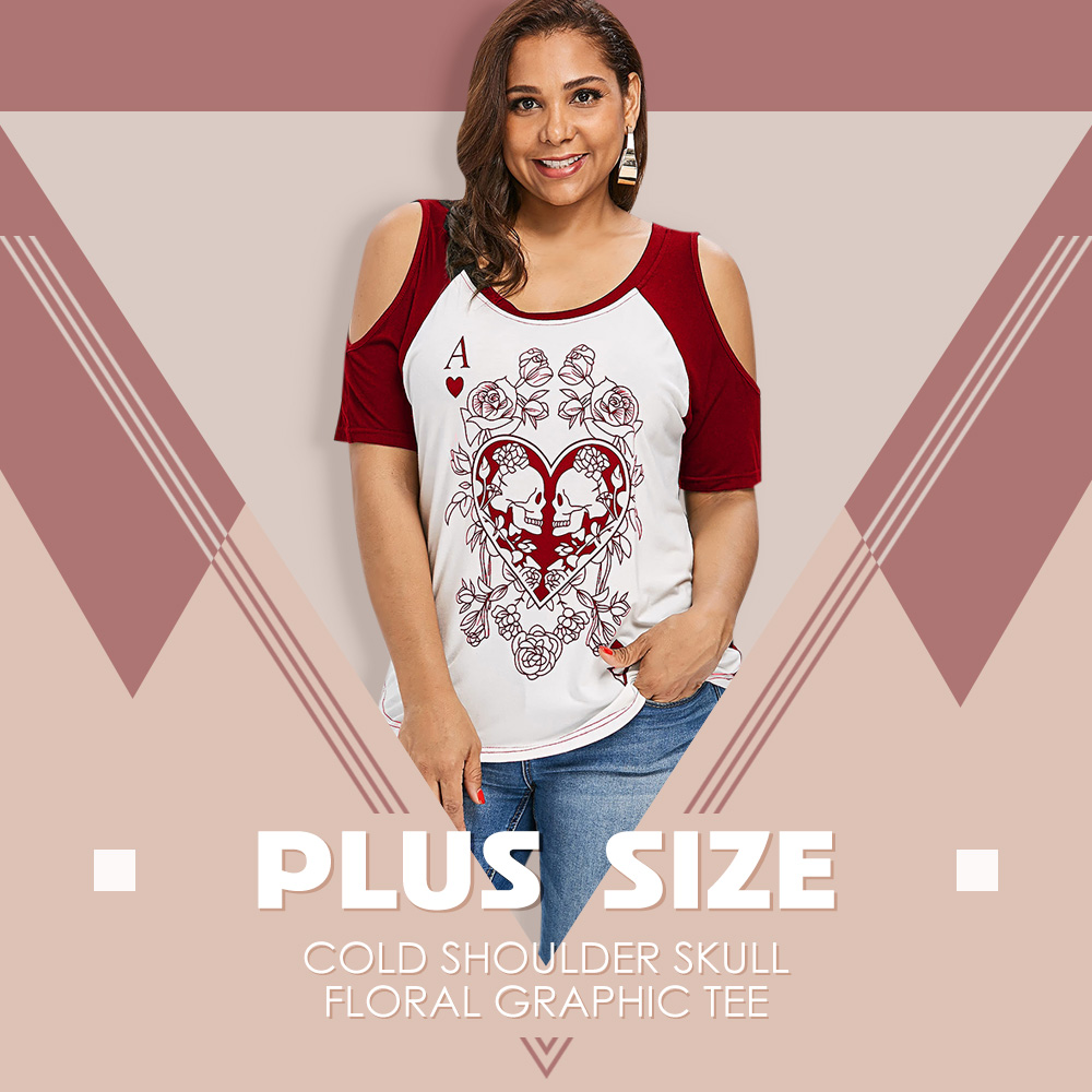 Plus Size Cold Shoulder Floral Skull Print T-shirt