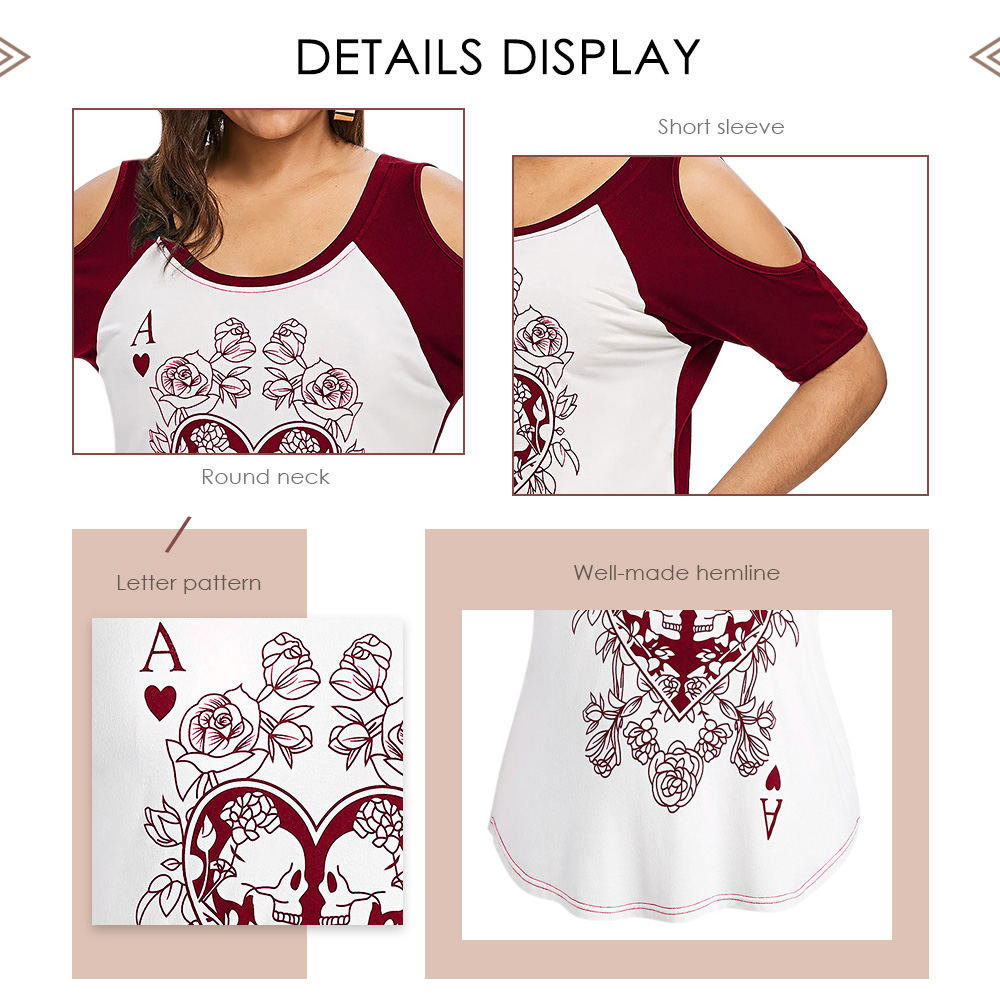 Plus Size Cold Shoulder Floral Skull Print T-shirt