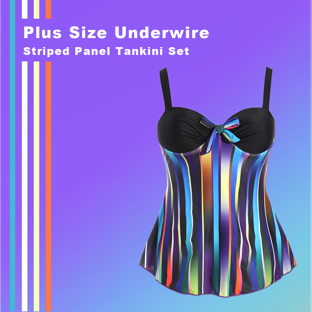 Plus Size Underwire Striped Panel Tankini Set