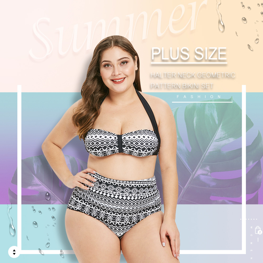 Plus Size Halter Neck Geometric Pattern Bikini Set