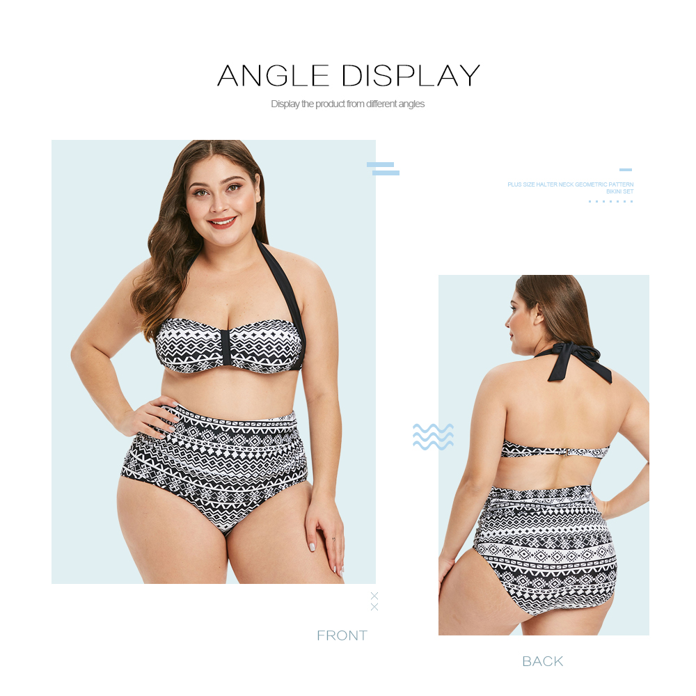 Plus Size Halter Neck Geometric Pattern Bikini Set