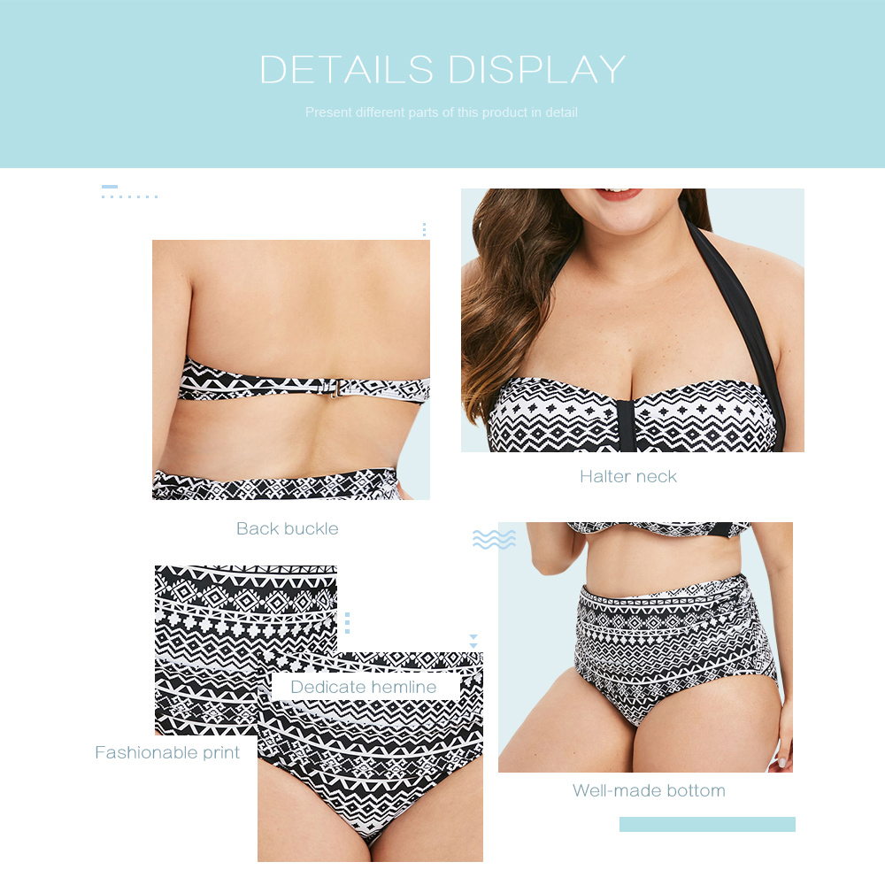 Plus Size Halter Neck Geometric Pattern Bikini Set