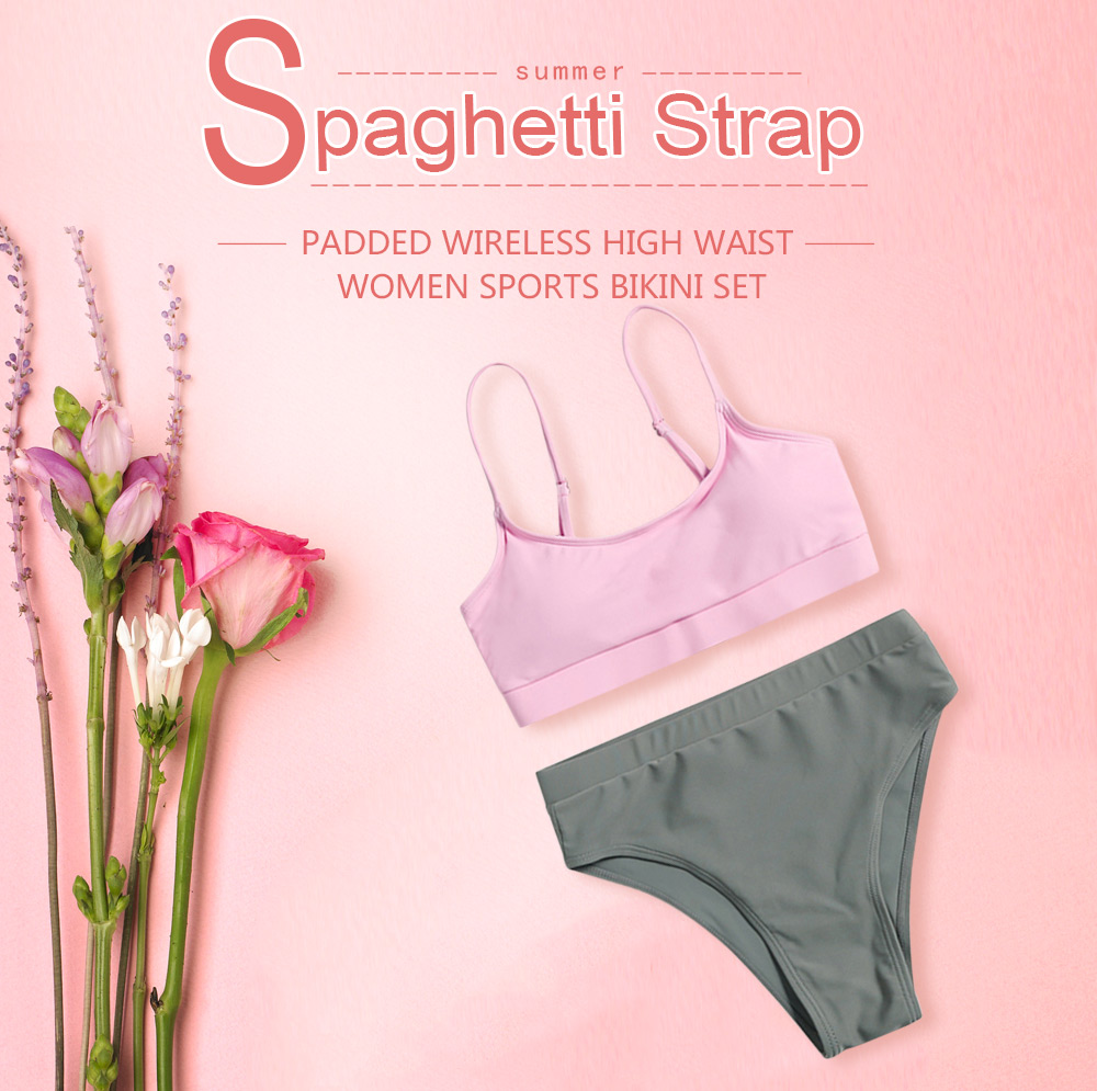 Spaghetti Strap Padded Wireless High Waist Women Sports Bikini Set