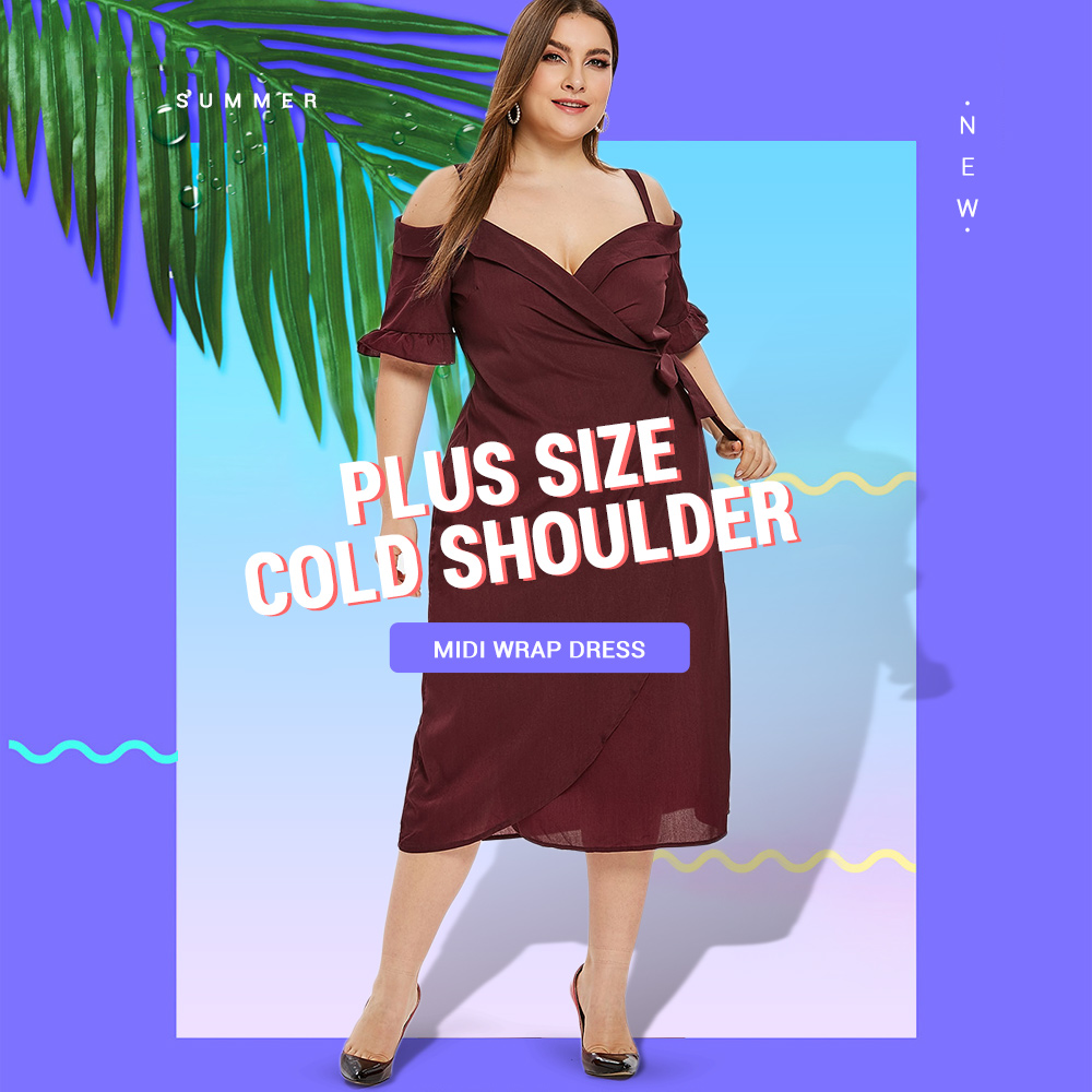 Plus Size Cold Shoulder Midi Wrap Dress