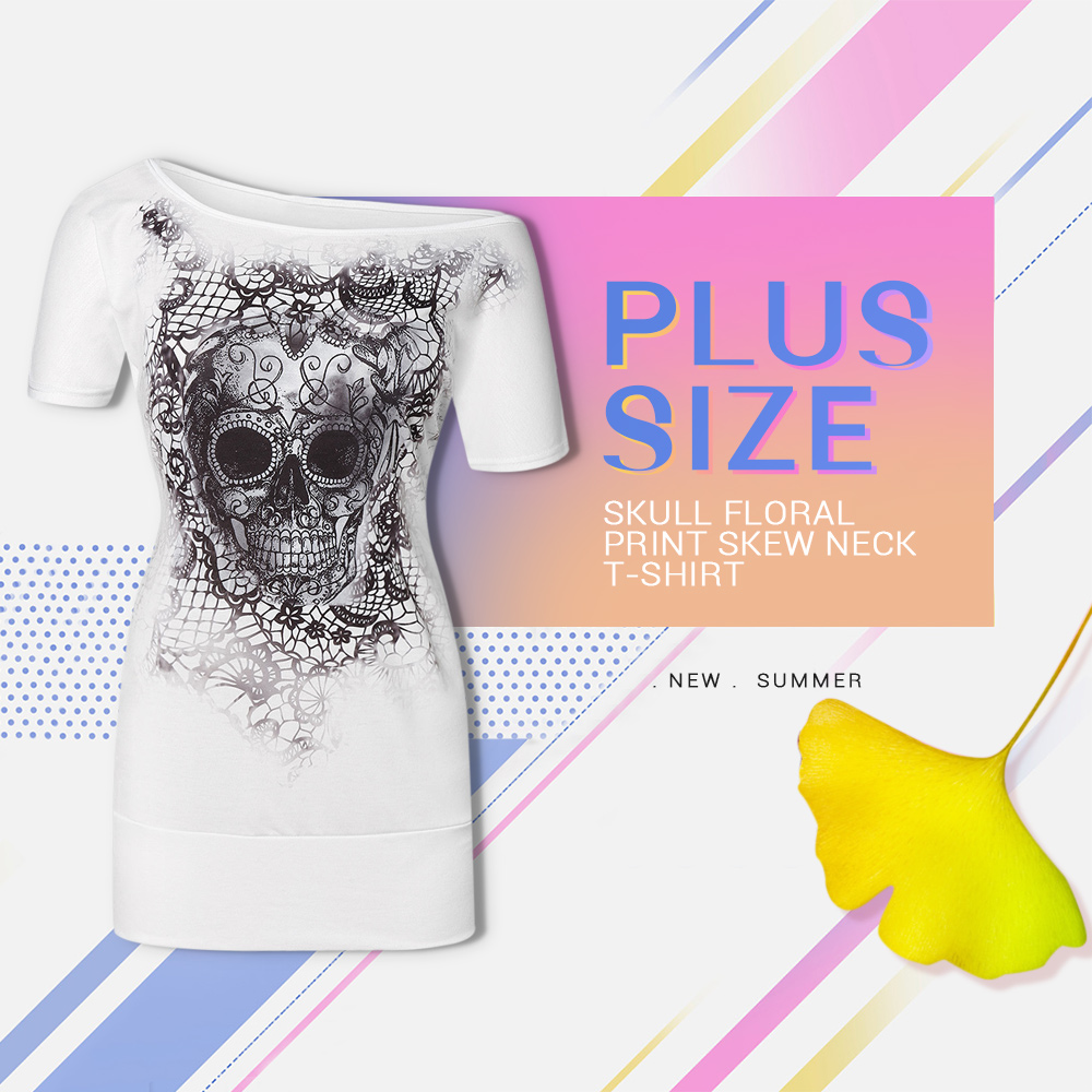 Plus Size Skull Floral Print Skew Neck T-shirt