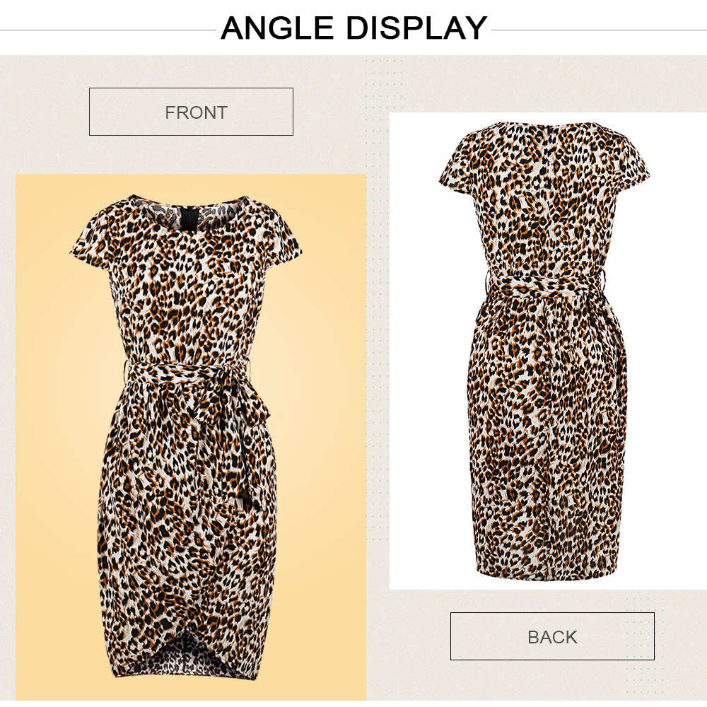 Round Collar Short Sleeve Leopard Print Belted Asymmetric Women Dress