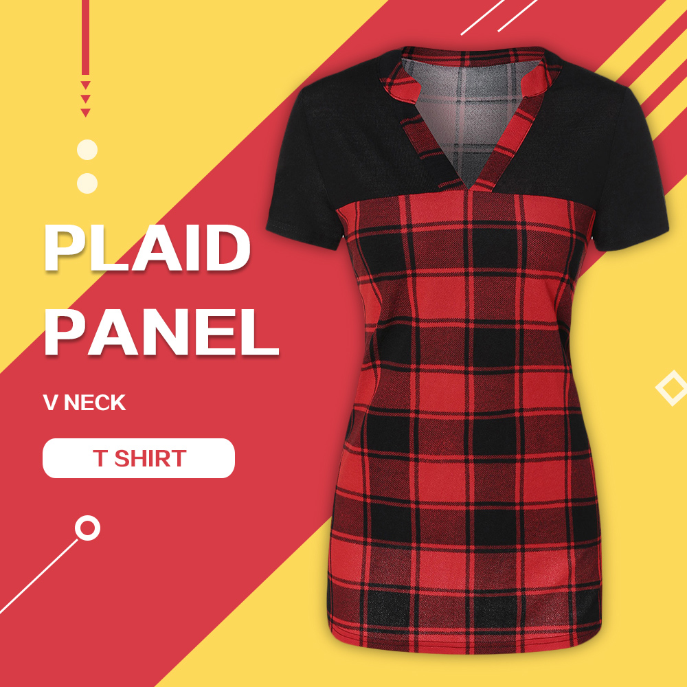 Plaid Panel V Neck T Shirt