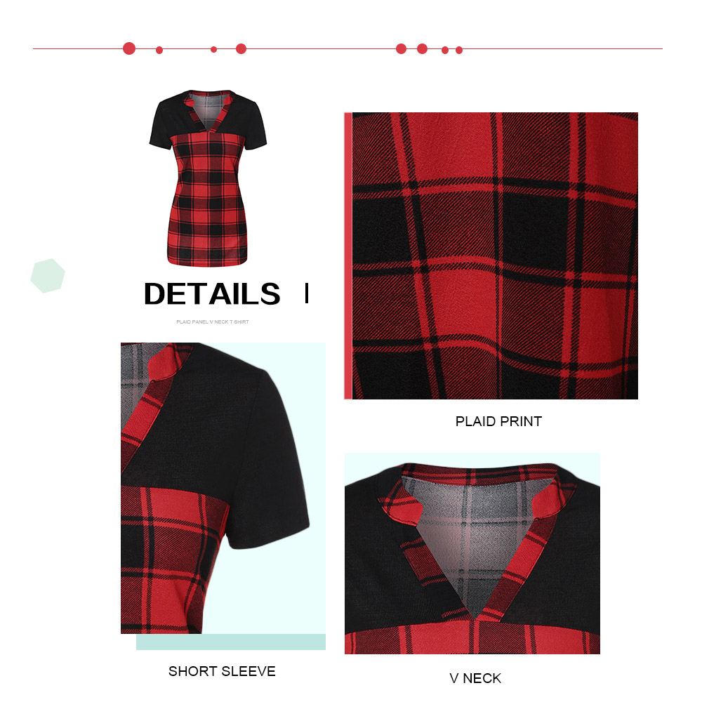 Plaid Panel V Neck T Shirt