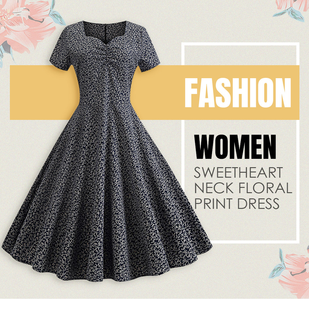 Sweetheart Neck Short Sleeve Floral Print A-line Women Vintage Dress
