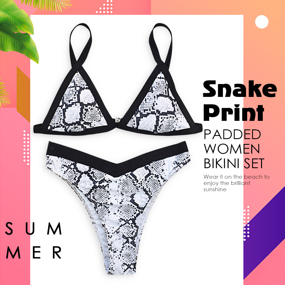 Spaghetti Strap Snake Print Padded Mid Waist Women Bikini Set