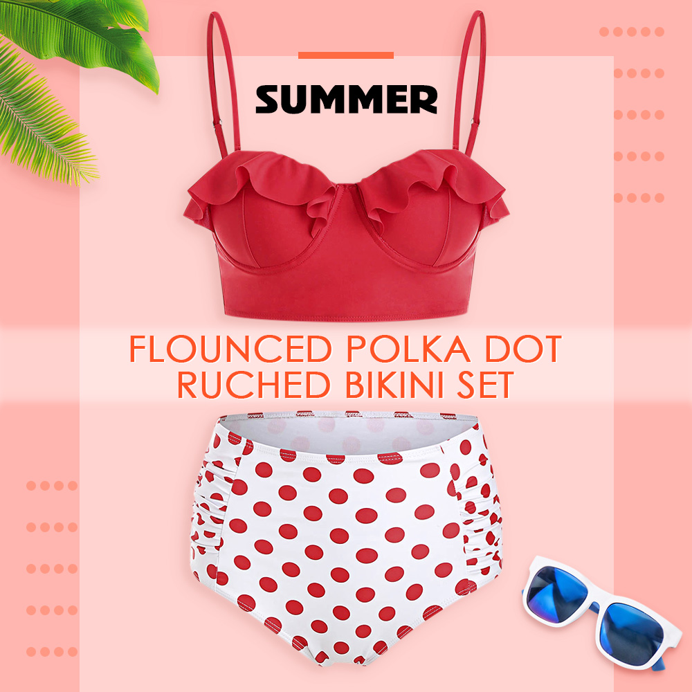 Flounced Polka Dot Ruched Bikini Set