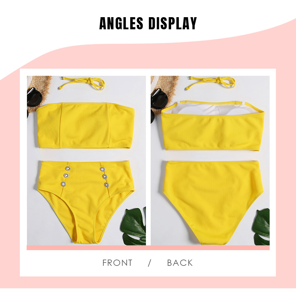 Strapless Halter Neck Backless Padded Solid Color Button High Waist Women Bikini Set