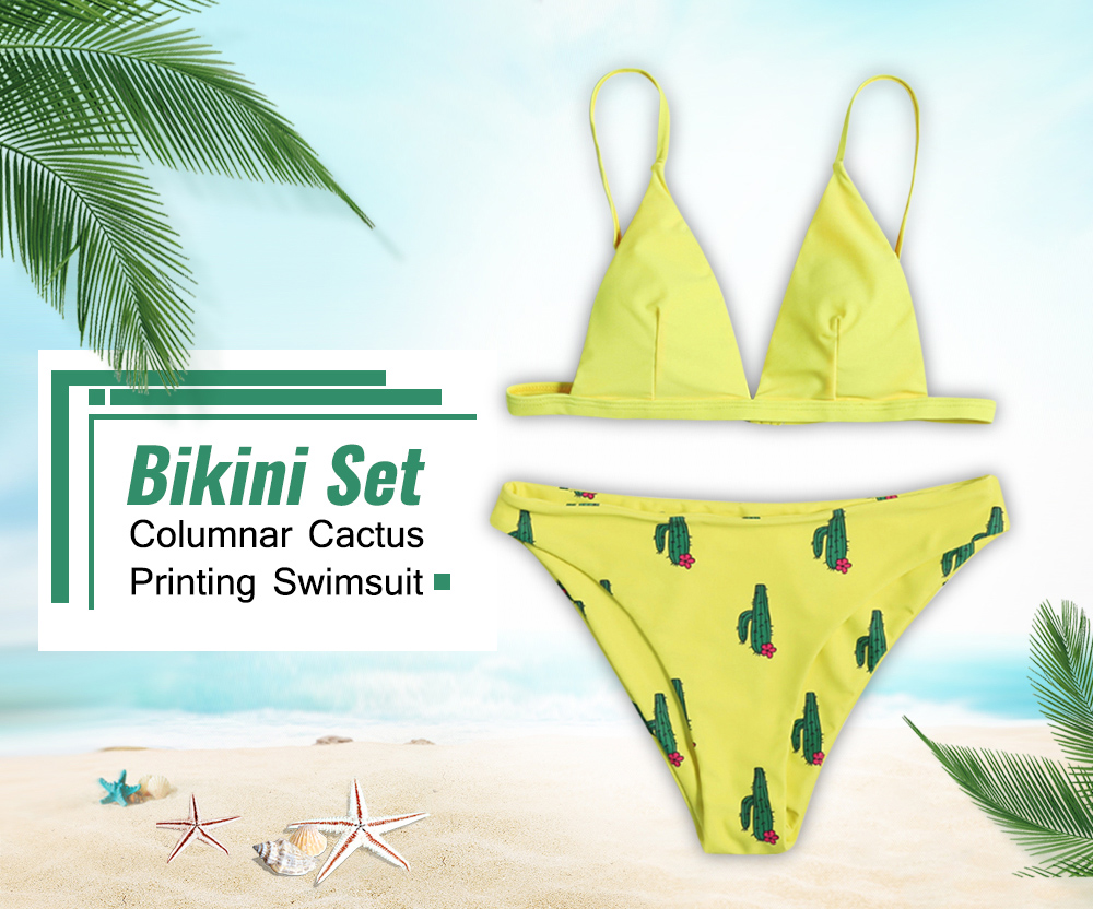 Women Bikini Set Columnar Cactus Printing Swimsuit Low Waist Bathing Suit