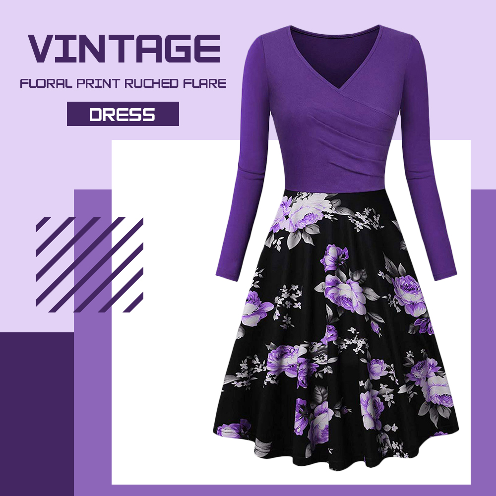Vintage Floral Print Ruched Flare Dress