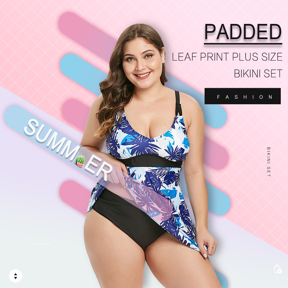 Padded Leaf Print Plus Size Tankini Set