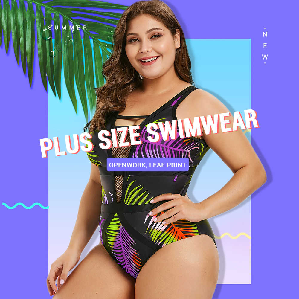 Plus Size Openwork Leaf Print Swimwear