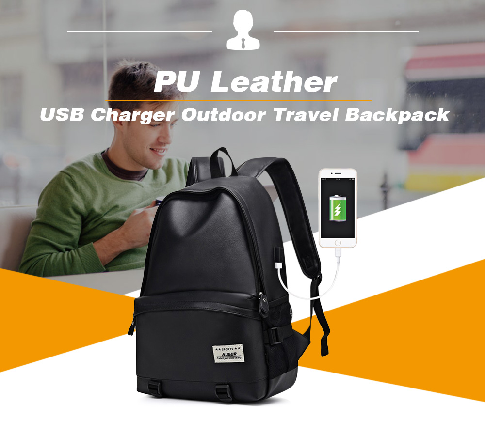 AUGUR PU Leather USB Charger Outdoor Travel Backpack Men Women Bag