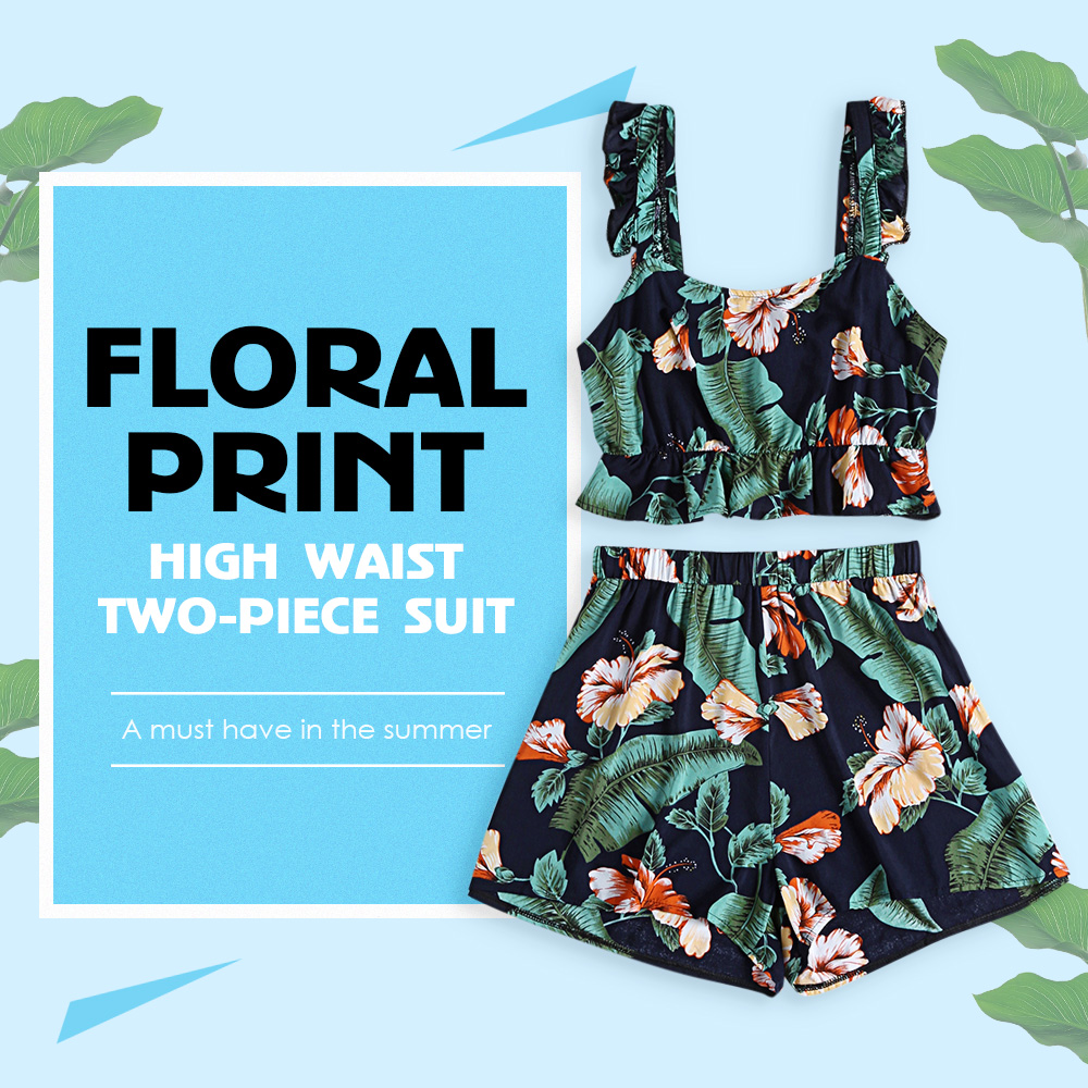 Floral Print Backless Ruffle Crop Top High Waist Shorts Women Two-piece Suit