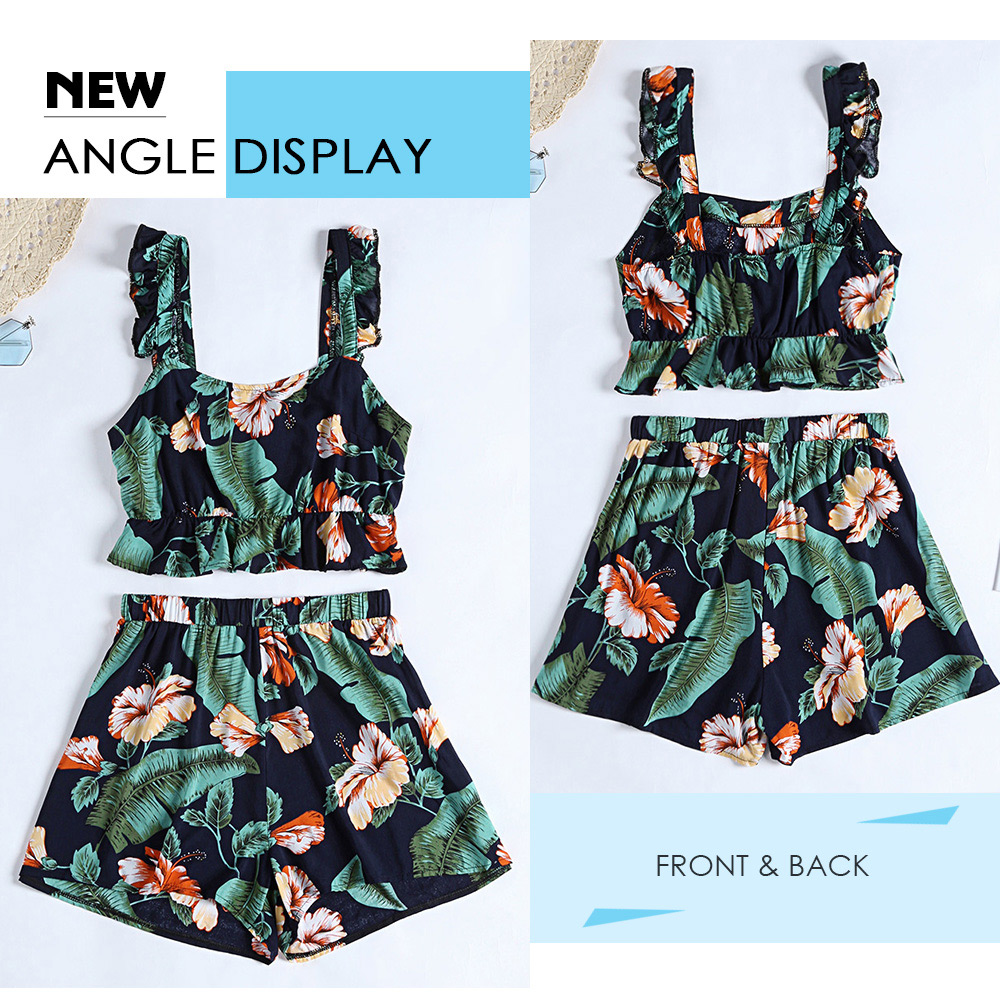 Floral Print Backless Ruffle Crop Top High Waist Shorts Women Two-piece Suit