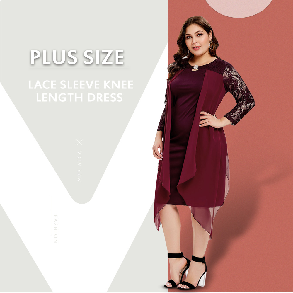 Plus Size Lace Sleeve Knee Length Dress