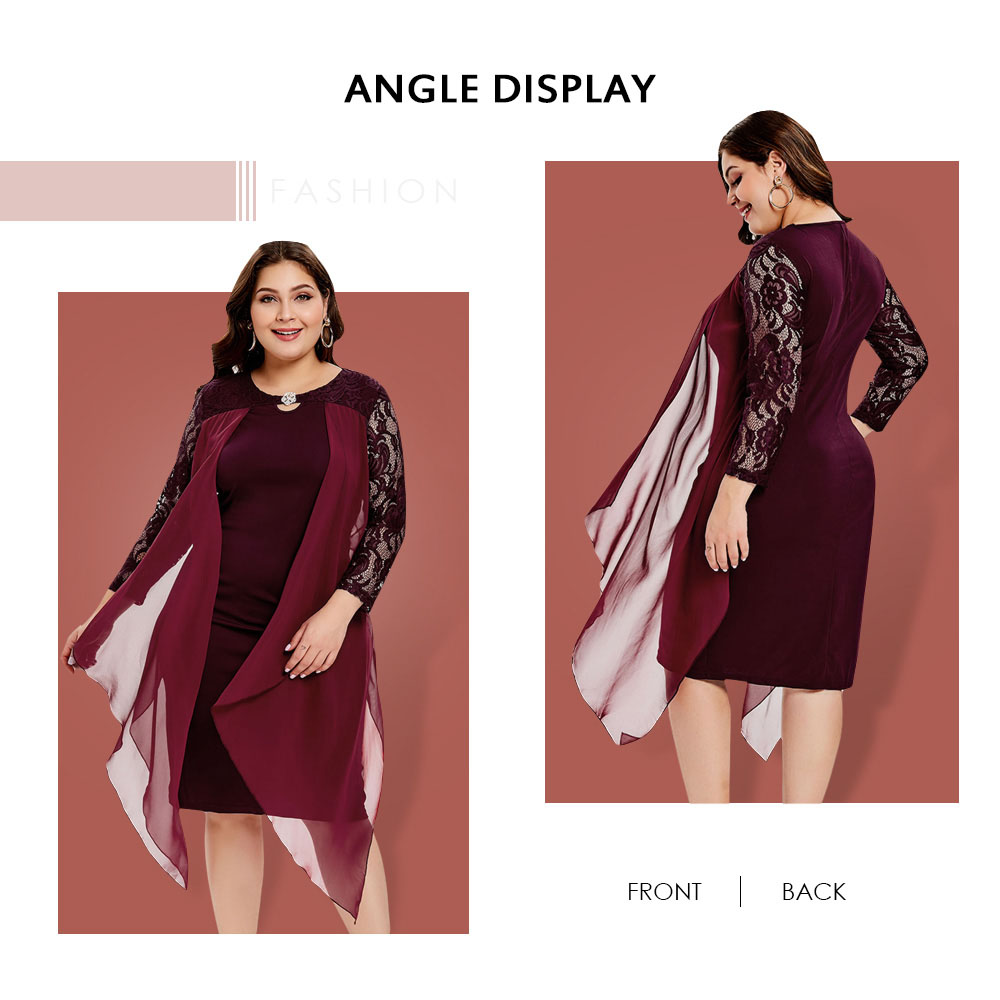 Plus Size Lace Sleeve Knee Length Dress